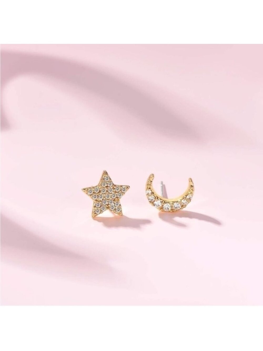 GOLD 14k Gold Plated Moon Star Cubic Zirconia Stud Earrings - Picture 4 of 4